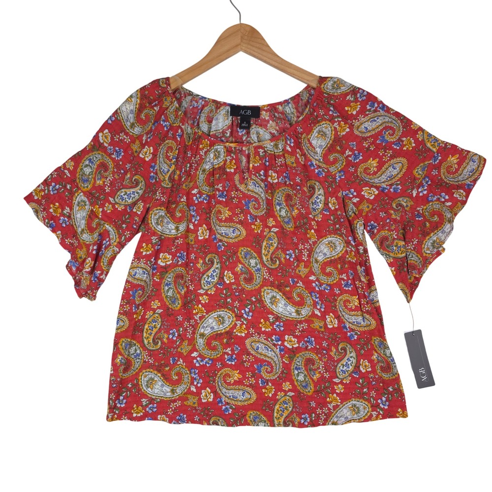 AGB Blouse Women Small‎ Red Paisley Floral Flutter Sleeve Boho Keyhole 0434D55